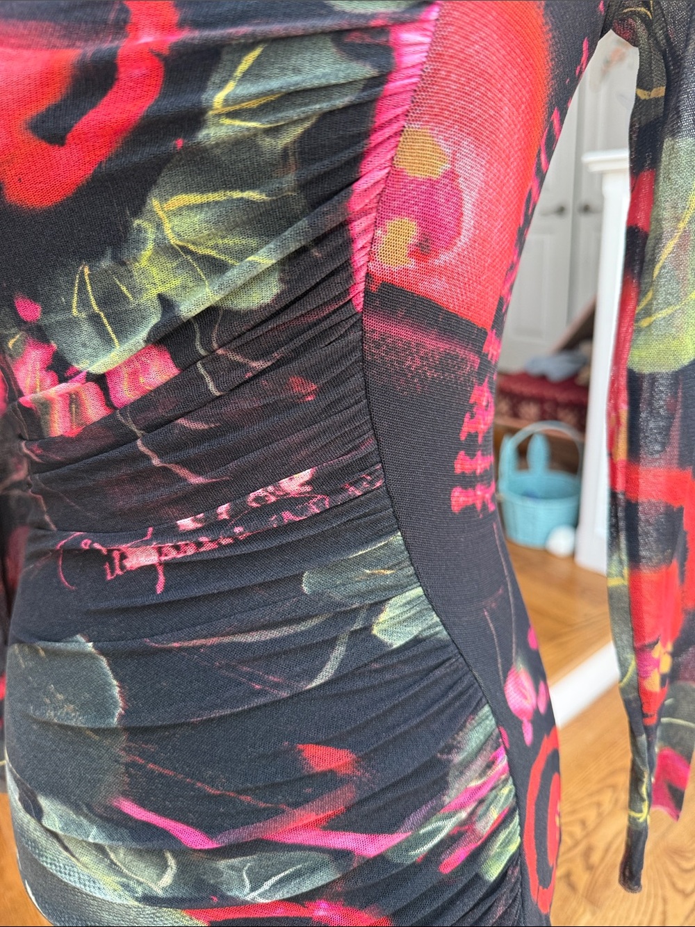 Jean Paul Gaultier Black Sheer Long-Sleeve Dress with Red and Green Floral Print - Picture 2 of 7